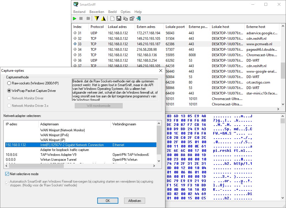 SmartSniff is een handige datasniffer, maar kan niet tippen aan de veelzijdigheid van Wireshark.
