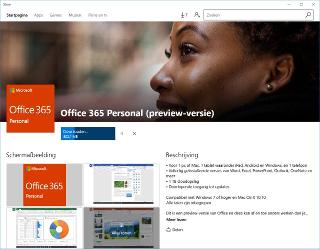 Sinds kort staat een preview van Office in de Store.