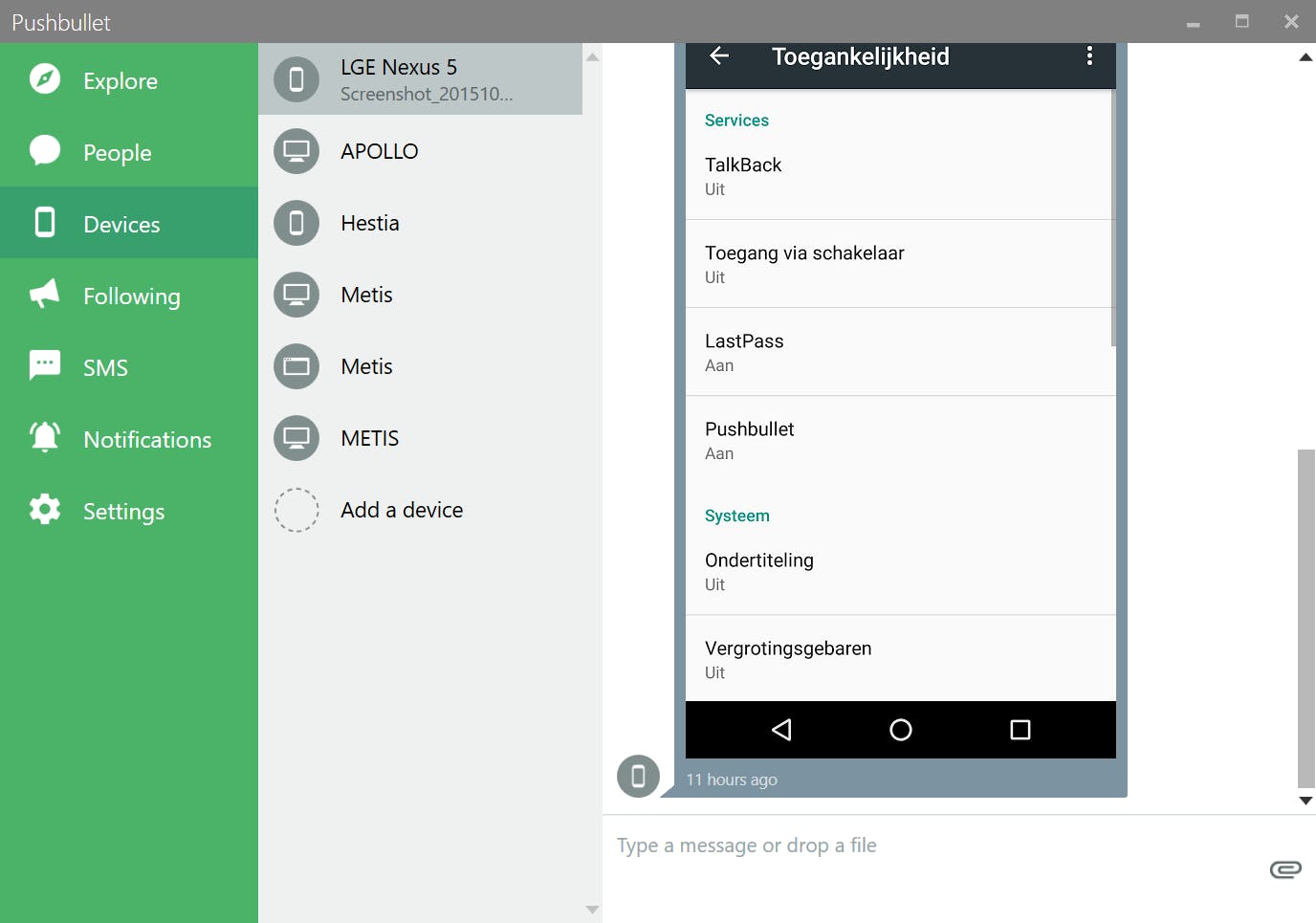 Het hoofdscherm van Pushbullet met links de verschillende tabbladen: People, Devices, Following, Notifications en SMS