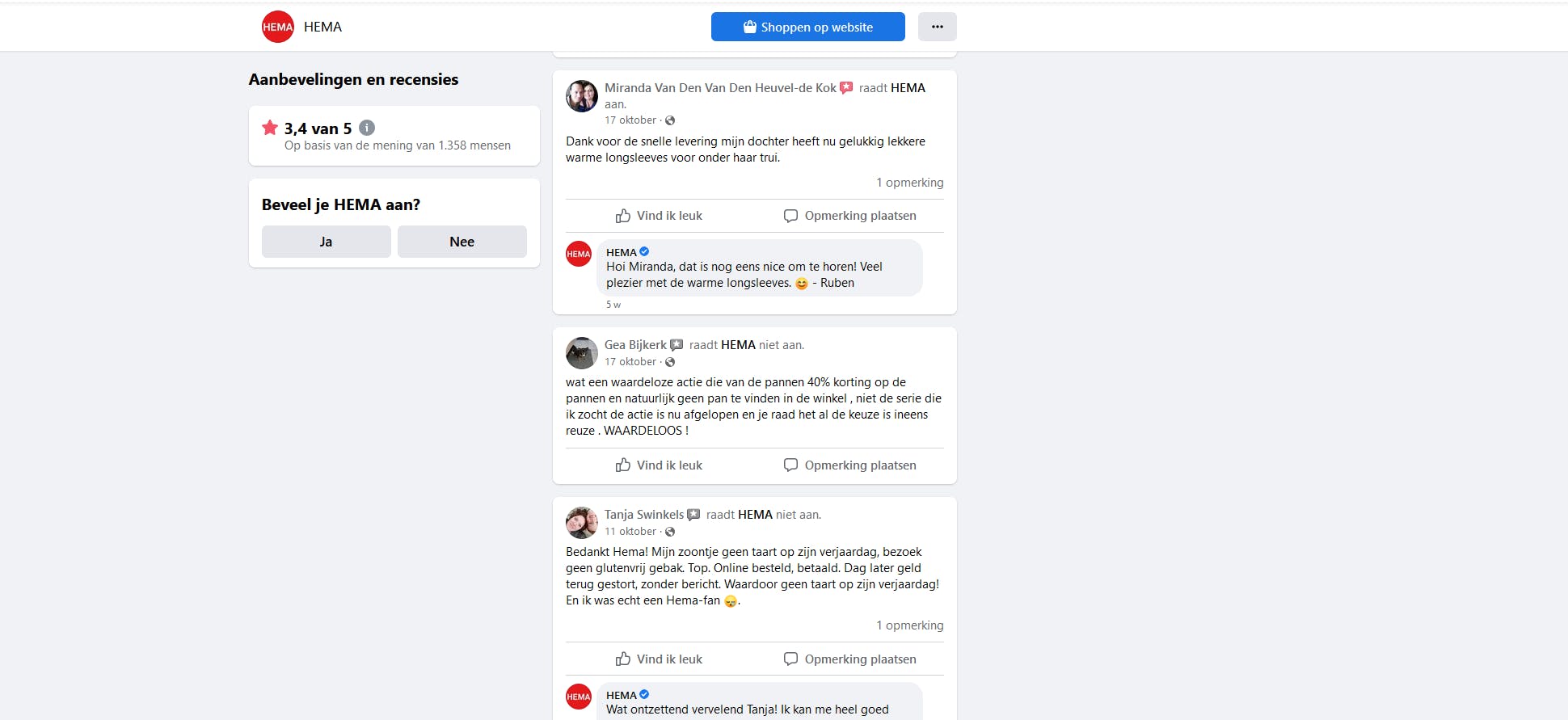 Reviews van een webwinkel op sociale media