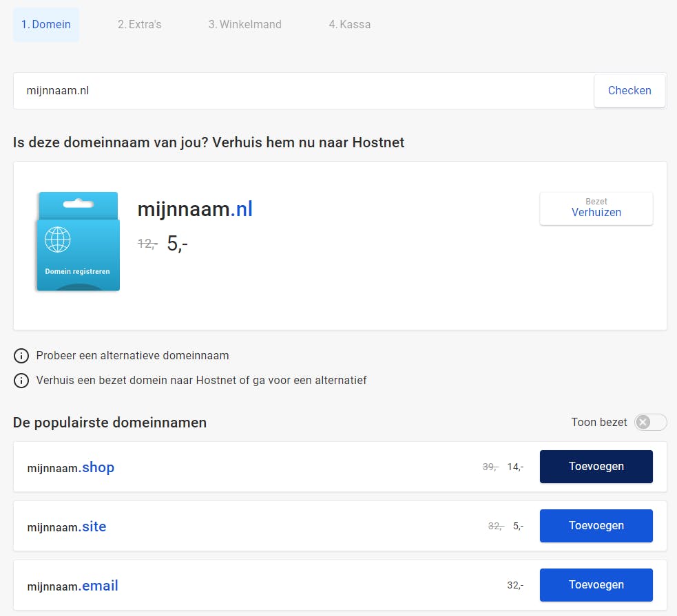 Je kunt uiteraard geen domeinnaam registreren die al bezet is. Een van de voorgestelde alternatieven misschien?