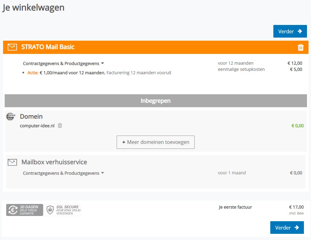Registreer je domeinnaam en activeer je e-mailaccount in één handeling (hier: via Strato Mail Basic).