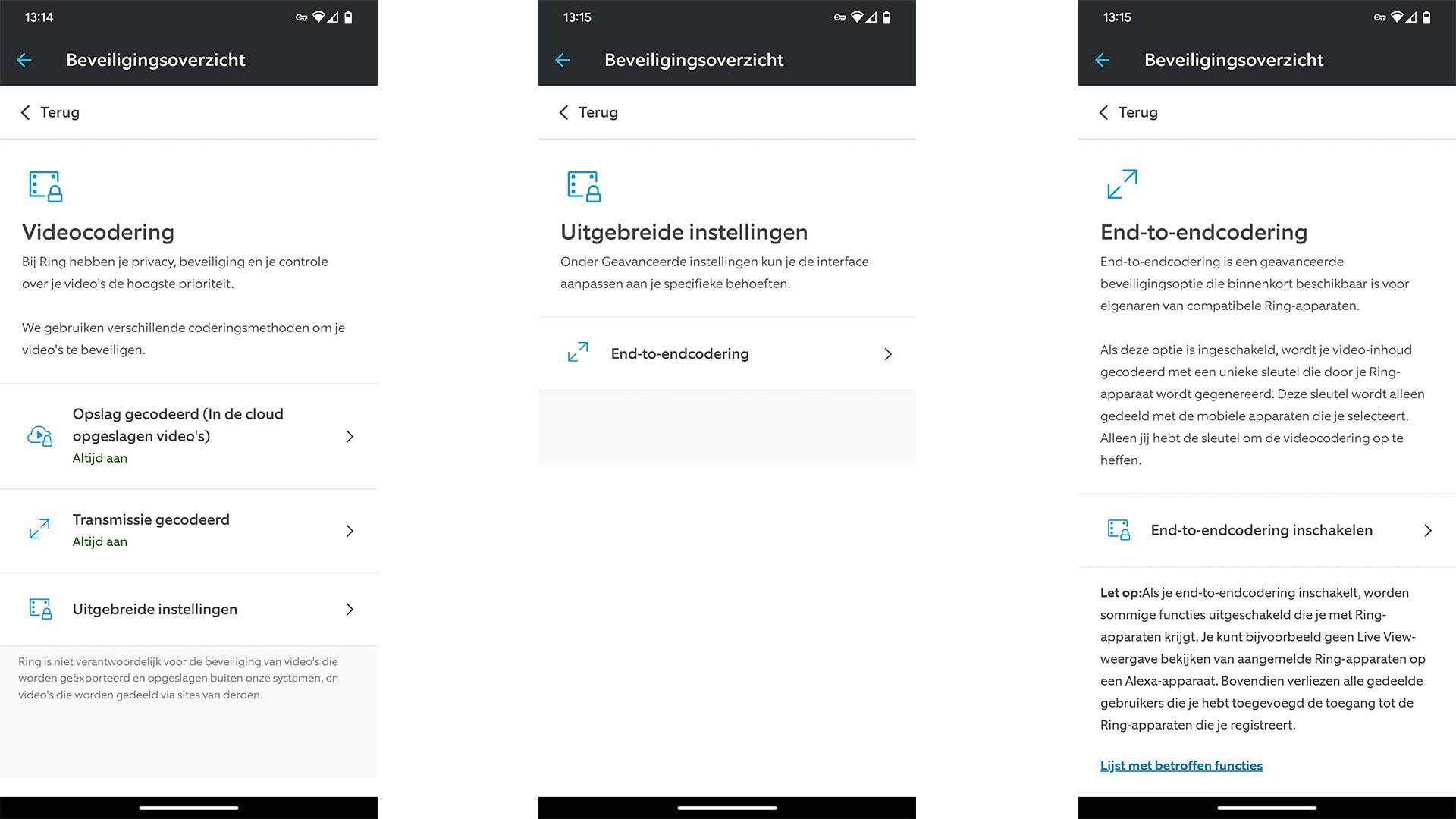 De benodigde stappen om begin-tot-eind-versleuteling op je Ring-apparaat in te schakelen.