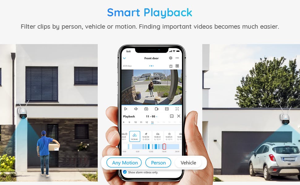 huis met pakketbezorger en beveiligscamera's