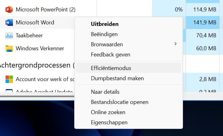 De Efficiëntiemodus in- en uitschakelen bij apps die dit ondersteunen.