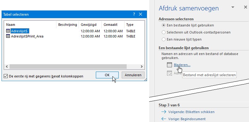 Laat je door dit venster niet van de wijs brengen en kies het werkblad met je adreslijst.