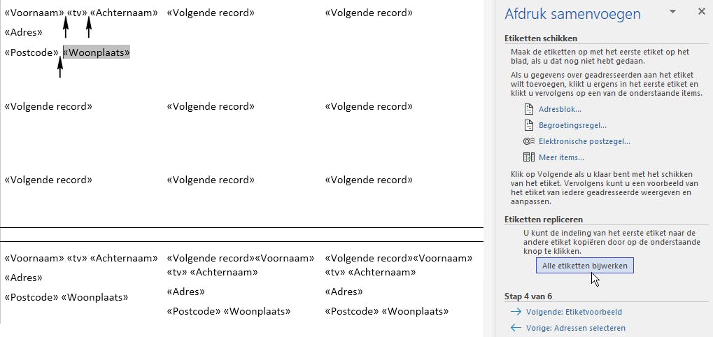 Je geeft precies aan waar de onderdelen van het etiket straks komen. Typ er spaties tussen, zet ze met Enter op eigen regels en voegt eventueel het land toe.