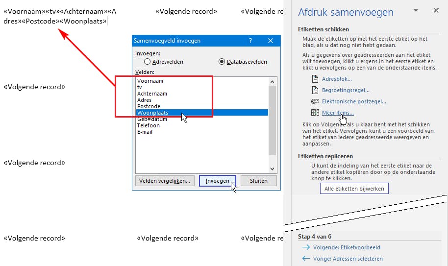 Via Meer items kies je welke onderdelen van het adres op het etiket komen.