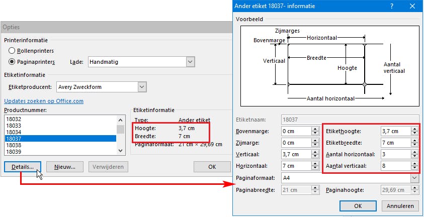 Hier kies je het formaat van je etiketten. Via Details stel je jouw eigen maten in.