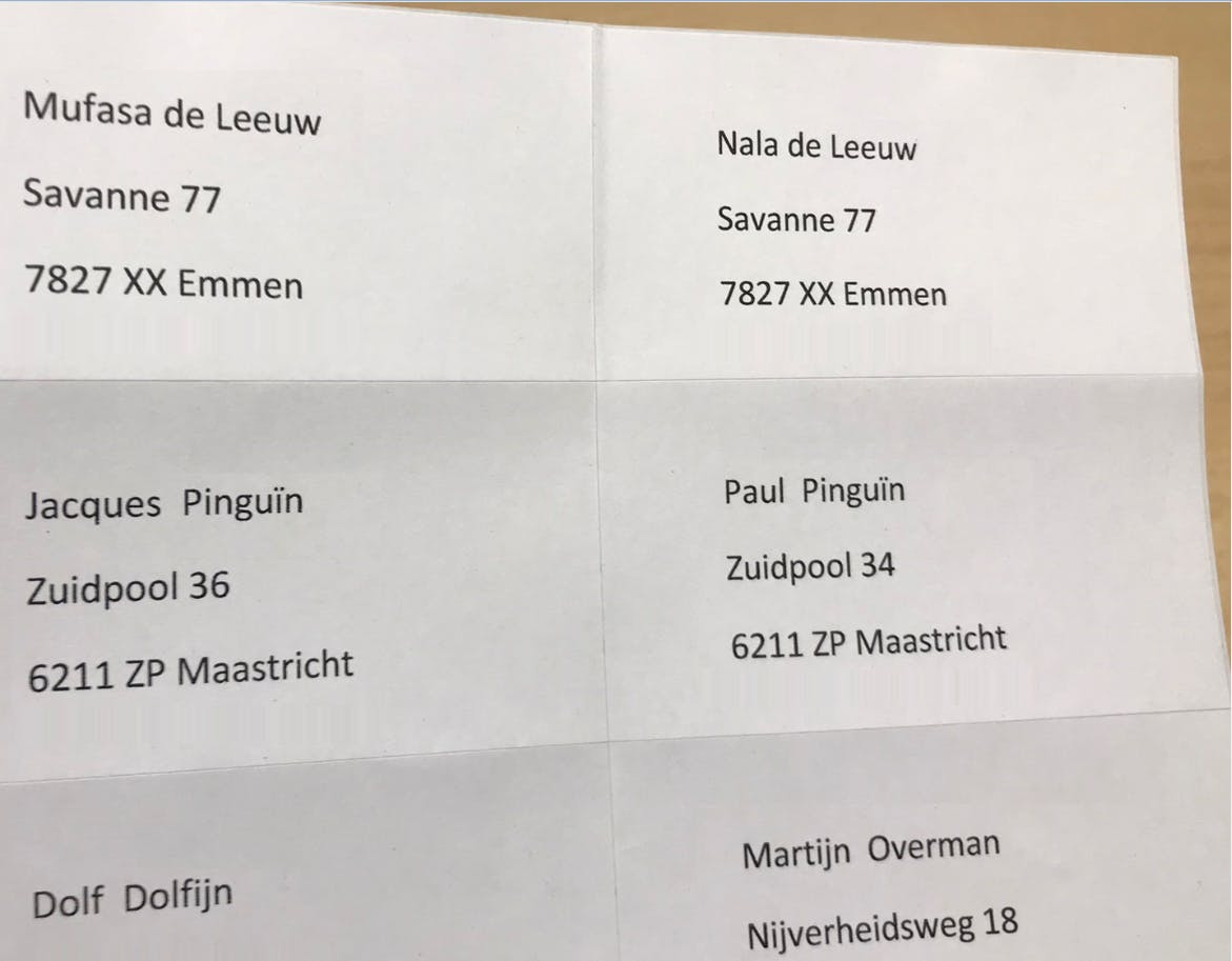 Het resultaat: je adressen afgedrukt op etiketten.