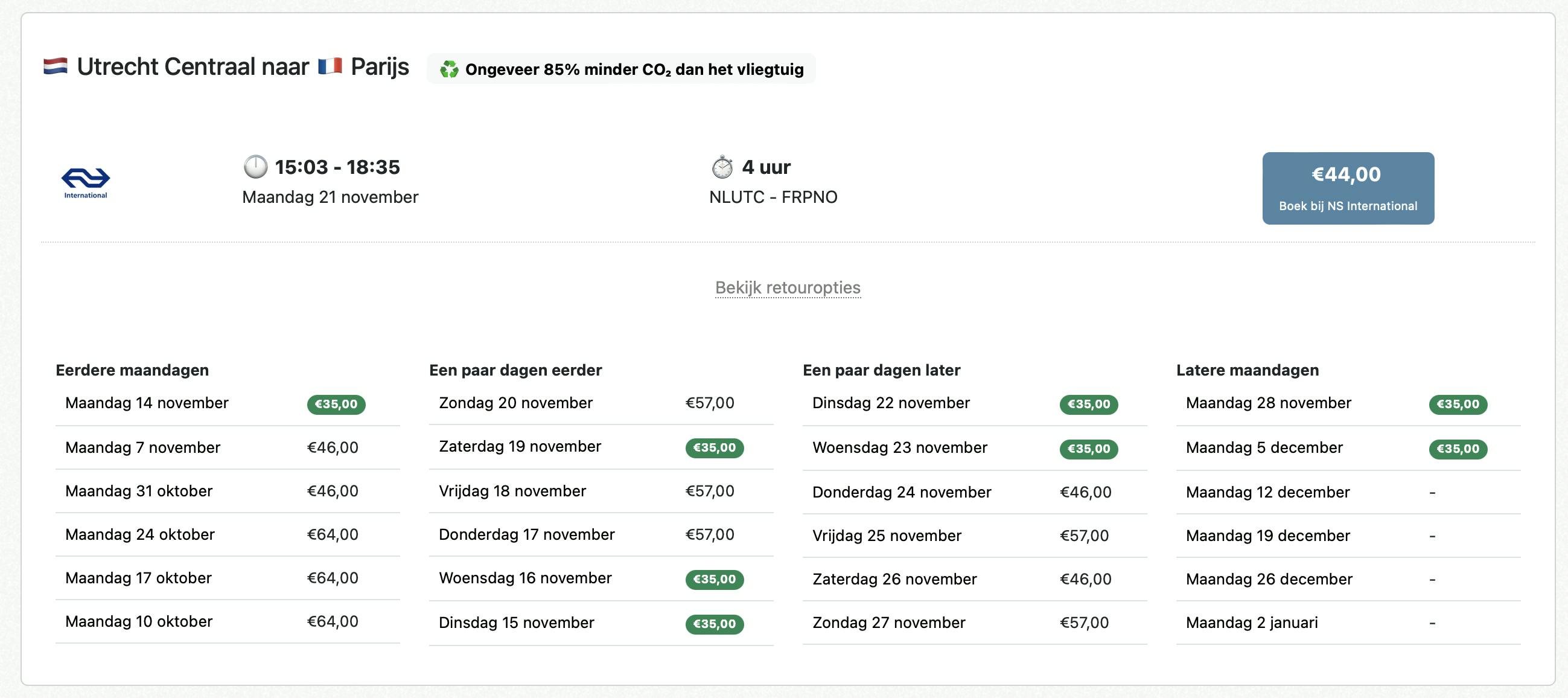 Als je zoekt naar een treinreis op 21 november, toont Locomocheap dat het goedkoper kan als je voor een andere dag kiest.