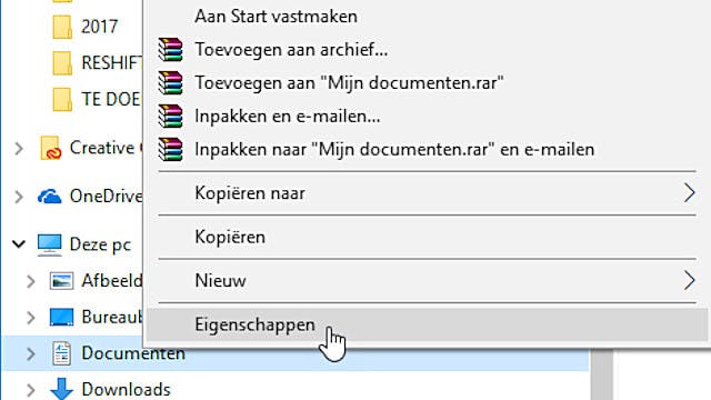 Klik op Eigenschappen bij de map Documenten