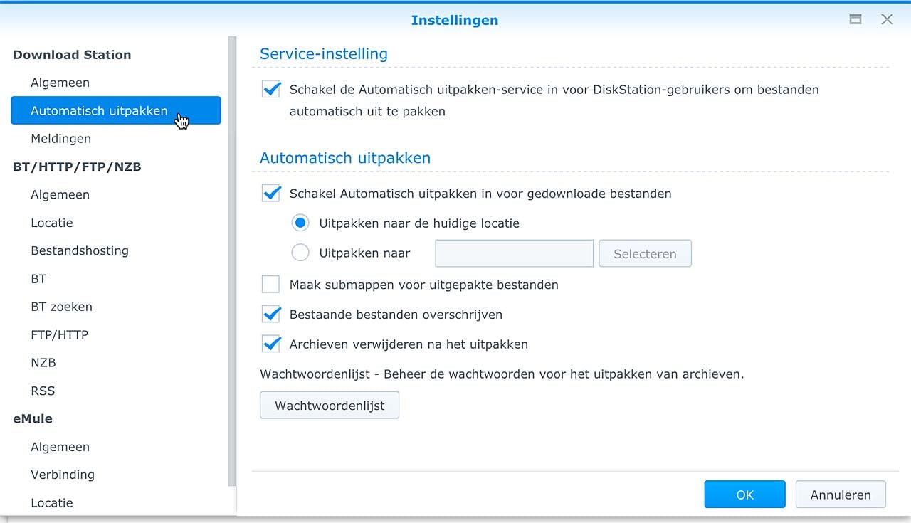 Het is mogelijk om gedownloade bestanden op je NAS automatisch uit te laten pakken