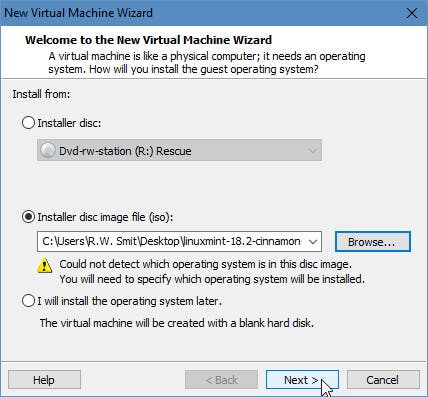 Koppel het ISO-bestand met de Linux Mint-installatie in VMWare