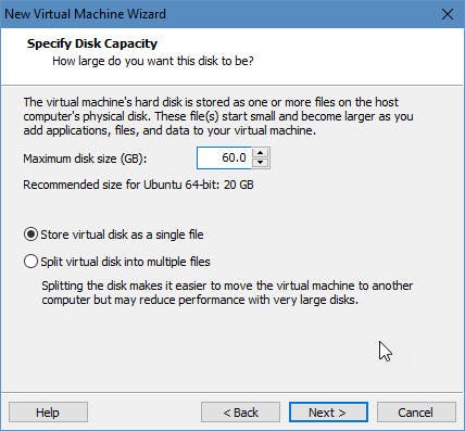 Kies de grootte van je harde schijf in de VMWare-machine