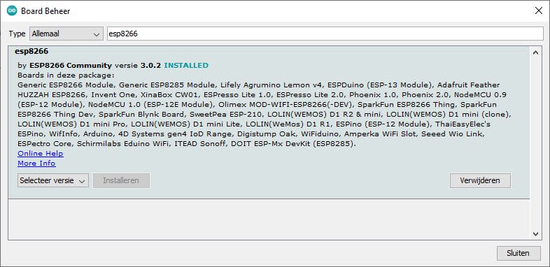 Installeer de nieuwste versie van de ESP-module.