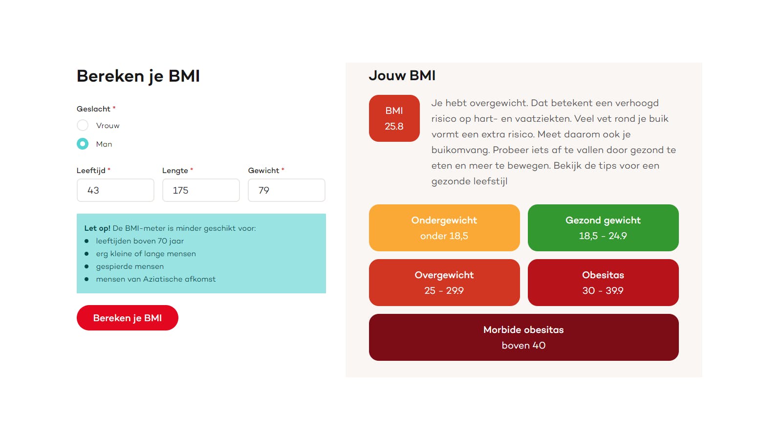 Met tools als deze van de Hartstichting bereken je makkelijk je BMI. Klik op de afbeelding om hem in het groot te openen.