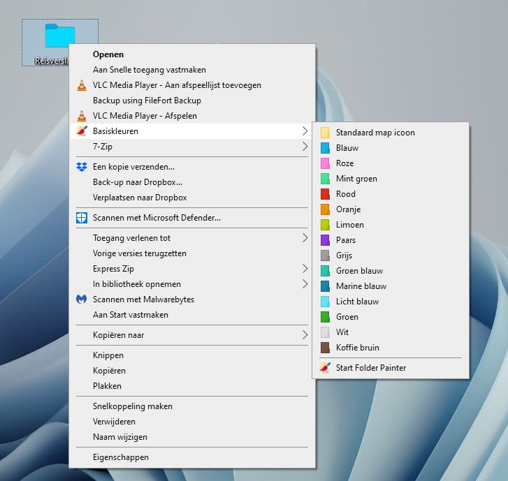 De geïnstalleerde pictogrammen vind je terug in het contextuele menu.