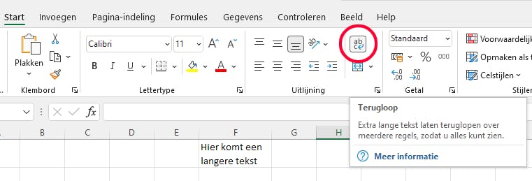 Met de knop Terugloop zoekt Excel waar de tekst het best naar de volgende regel gaat.