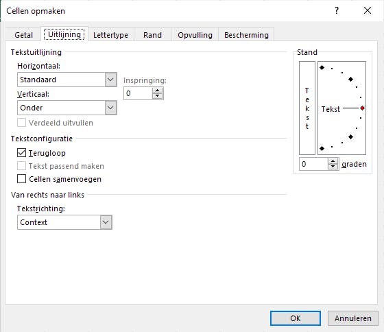 Ook met de Celeigenschappen kun je een terugloop vastleggen.