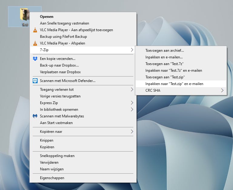 7Zip kun je bereiken via het contextueel menu