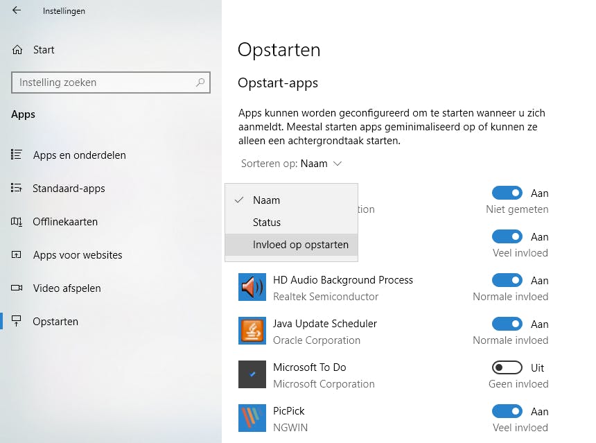 Sorteer de opstart-apps naar gelang hun invloed op het opstarten.