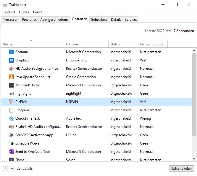 In de kolom Status kun je opstart-apps uitschakelen.