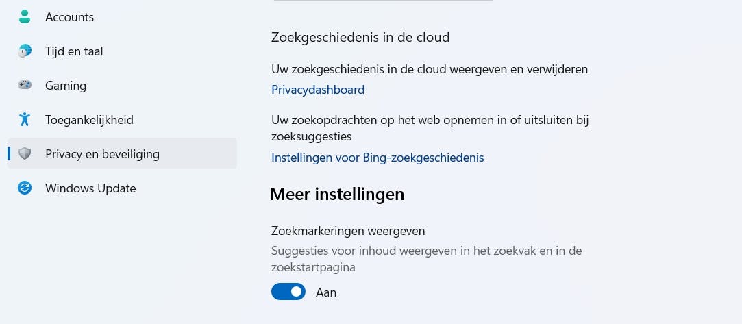 In Windows 11 schakel je de zoekmarkeringen uit in het panel Privacy en beveiliging.