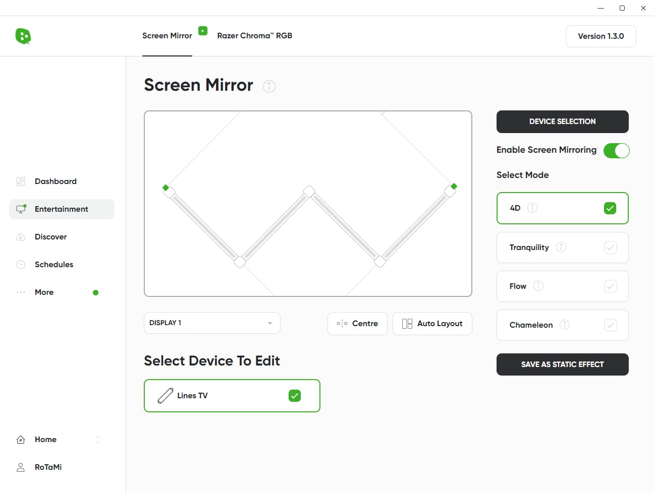 Gebruik Screen Mirror om de kleuren op je computerscherm te weerspiegelen in de Nanoleaf Lines.