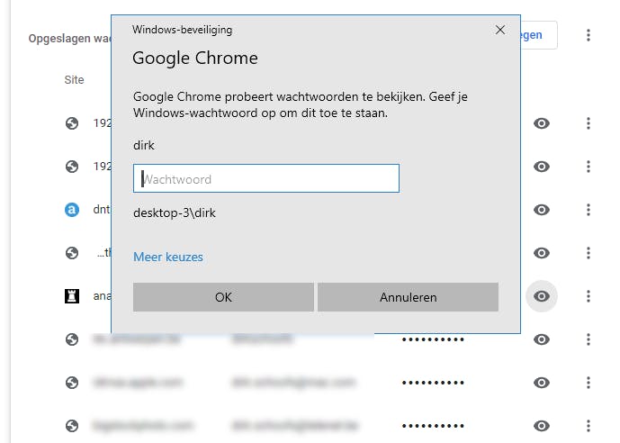 Je moet eerst het Windows inlog-wachtwoord typen voordat Chrome het wachtwoord toont. Klik op de afbeelding voor een grotere weergave.