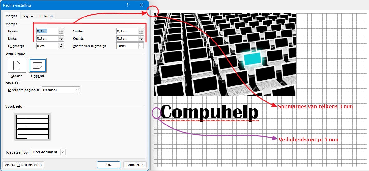 Je werkt het best met snijmarges en je voorziet ook een ‘veiligheidsmarge’ (via tabs of inspringen).