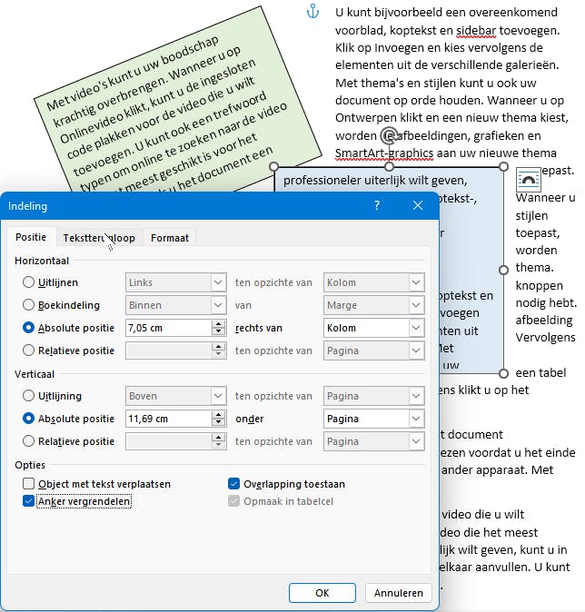 Ook de positie van het tekstvak tegenover je documenttekst is instelbaar.