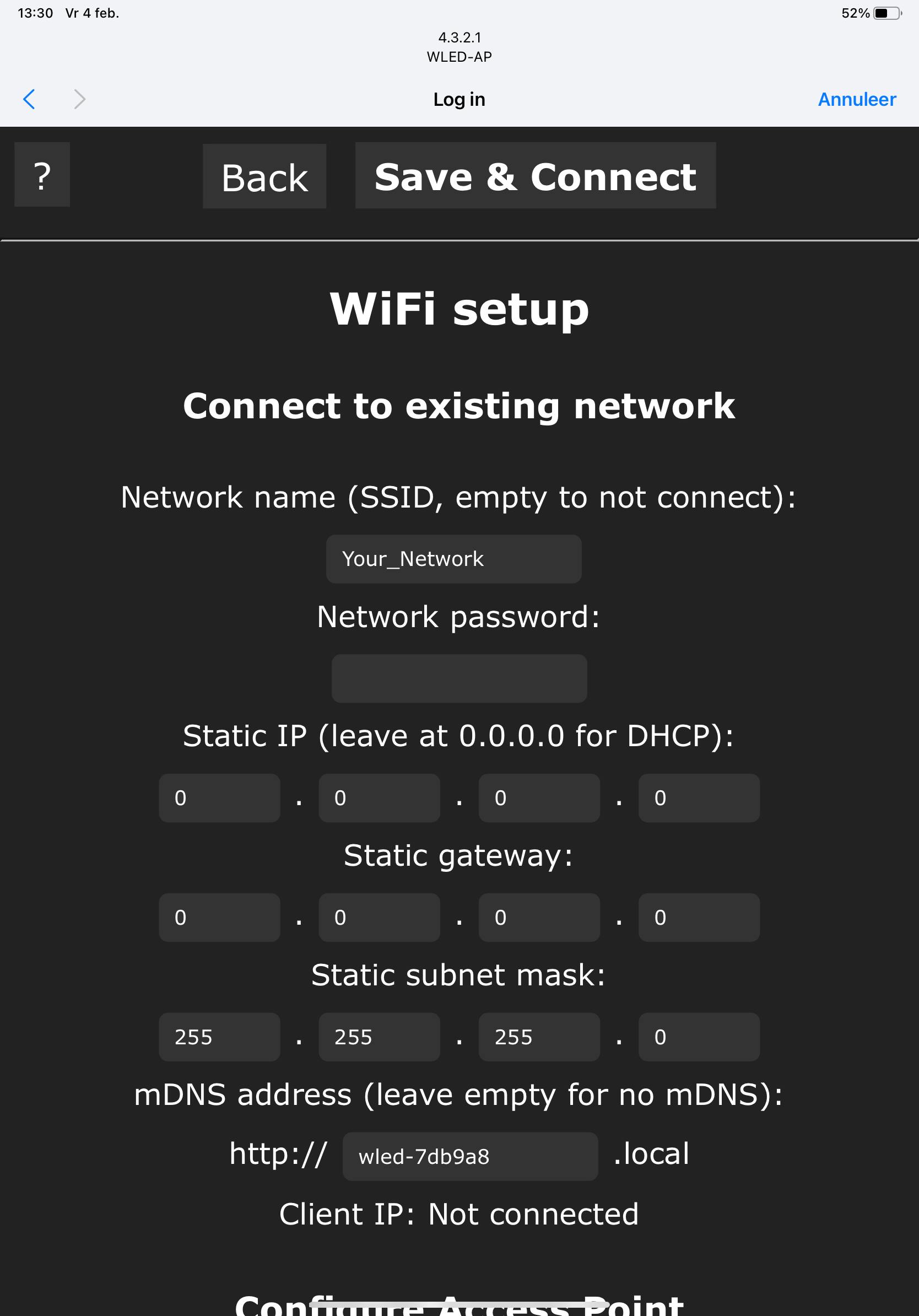 WLED maakt een hotspot aan voor de eerste configuratie.
