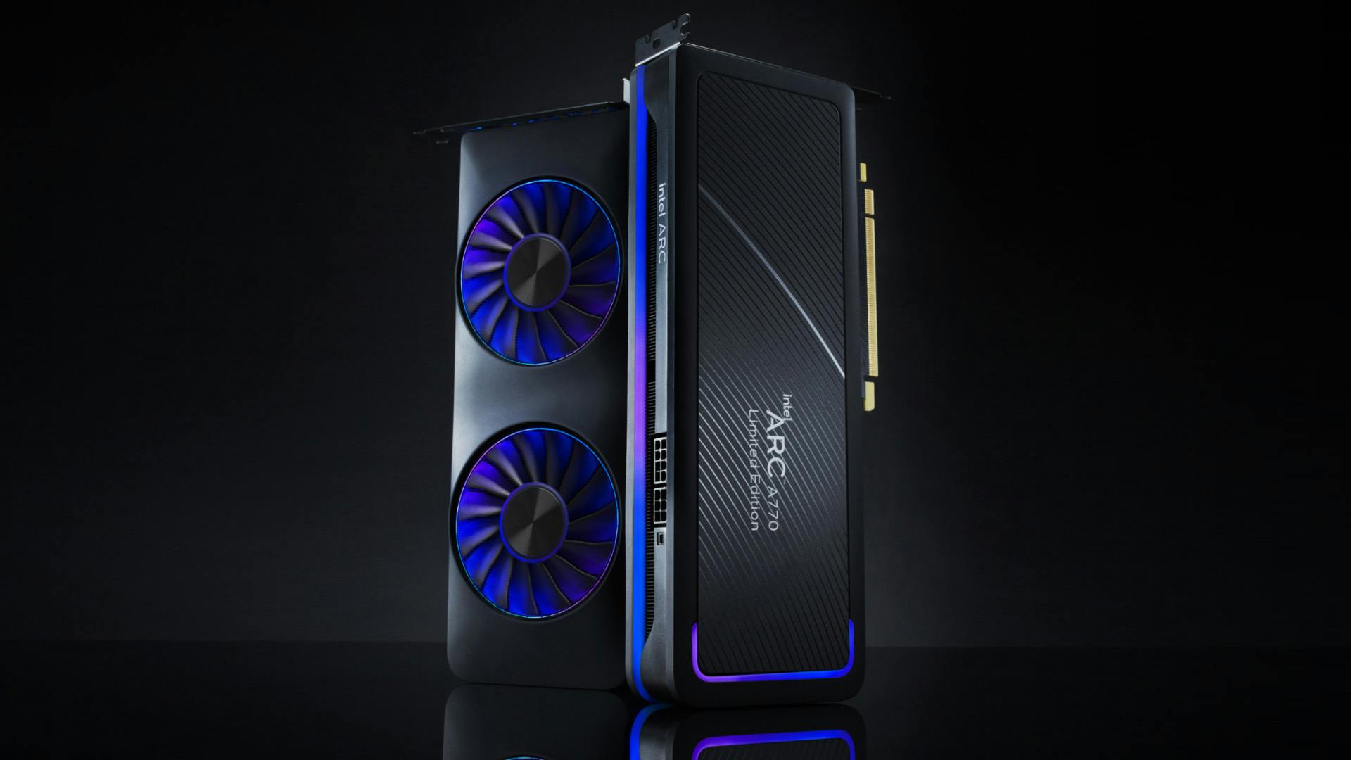 Boven- en onderaanzicht van de Intel Arc A770 Limited Edition-videokaart.