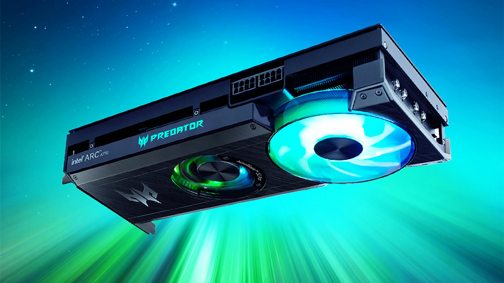 Promotionele render van de Acer Predator BiFrost Intel Arc A770-videokaart, een eerste videokaart van hardwarefabrikant Acer, nota bene het vlaggenschip van Intels eerste generatie gaming-videokaarten.