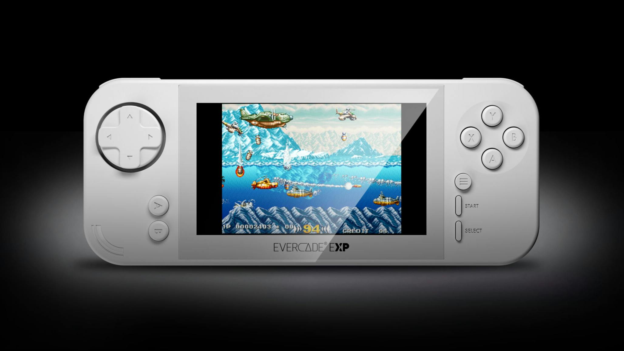 Vooraanzicht van de Evercade EXP-handheld, met daarop een retro-game.