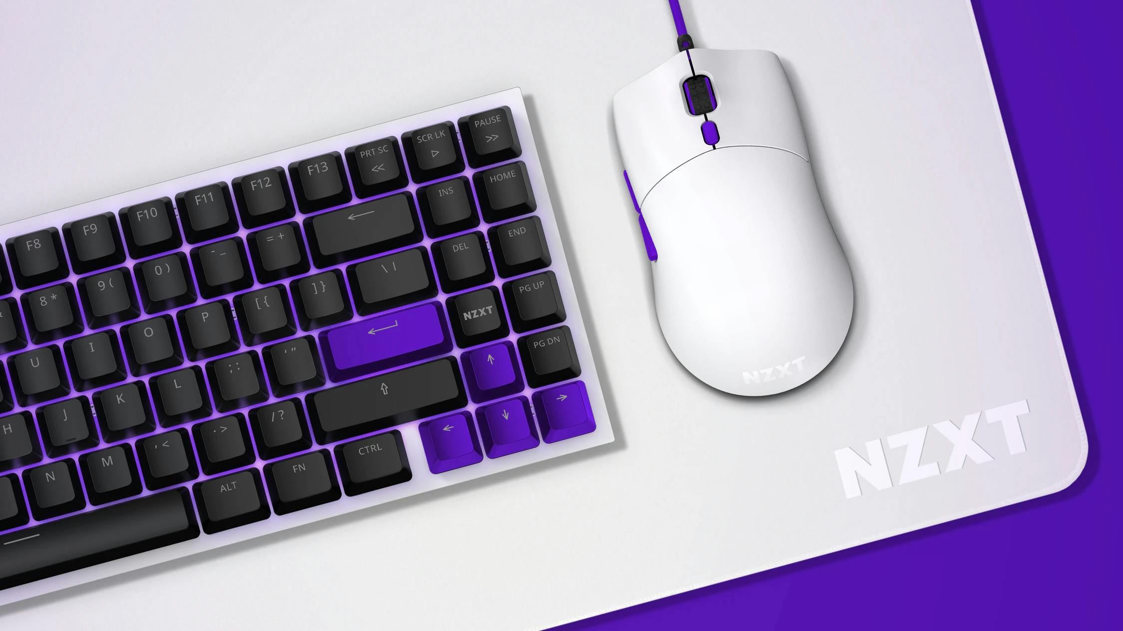 Productfoto van NZXT's eerste Function-keyboard (MiniTKL-formaat) en Lift-muis.