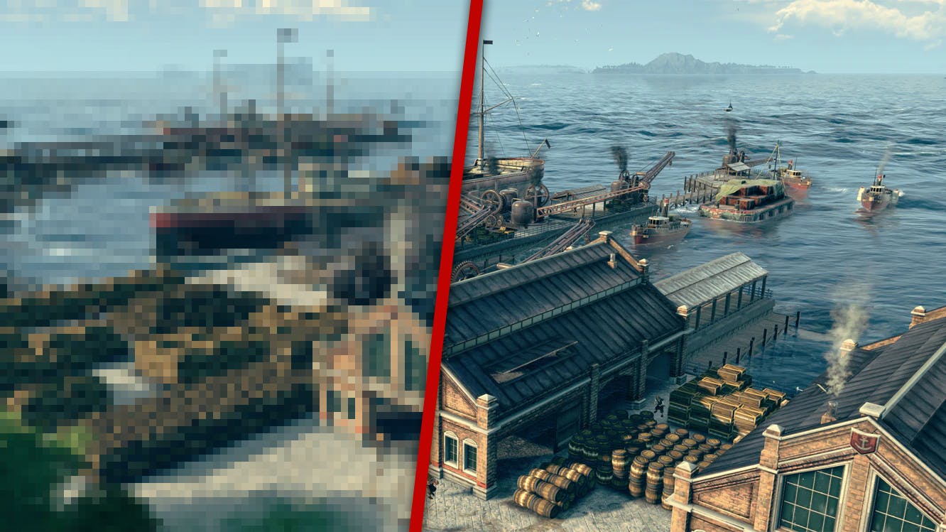 Illustratie van AMD's FidelityFX Super Resolution upscaletechniek in Anno 1800, een van de eerste games die 22 juni FSR-ondersteuning zal bieden.