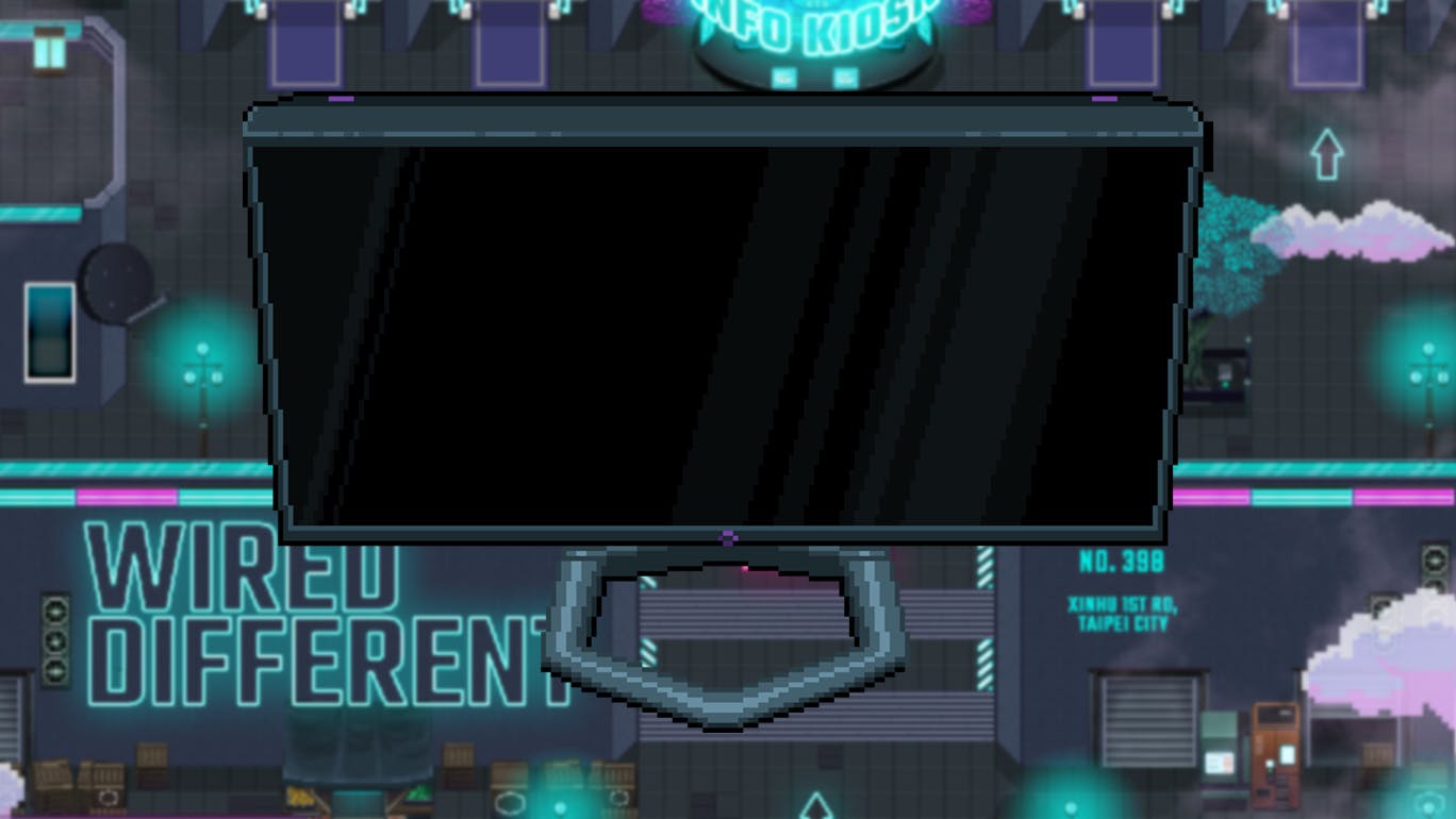 Pixelart afbeelding van een nieuwe Cooler Master-monitor.