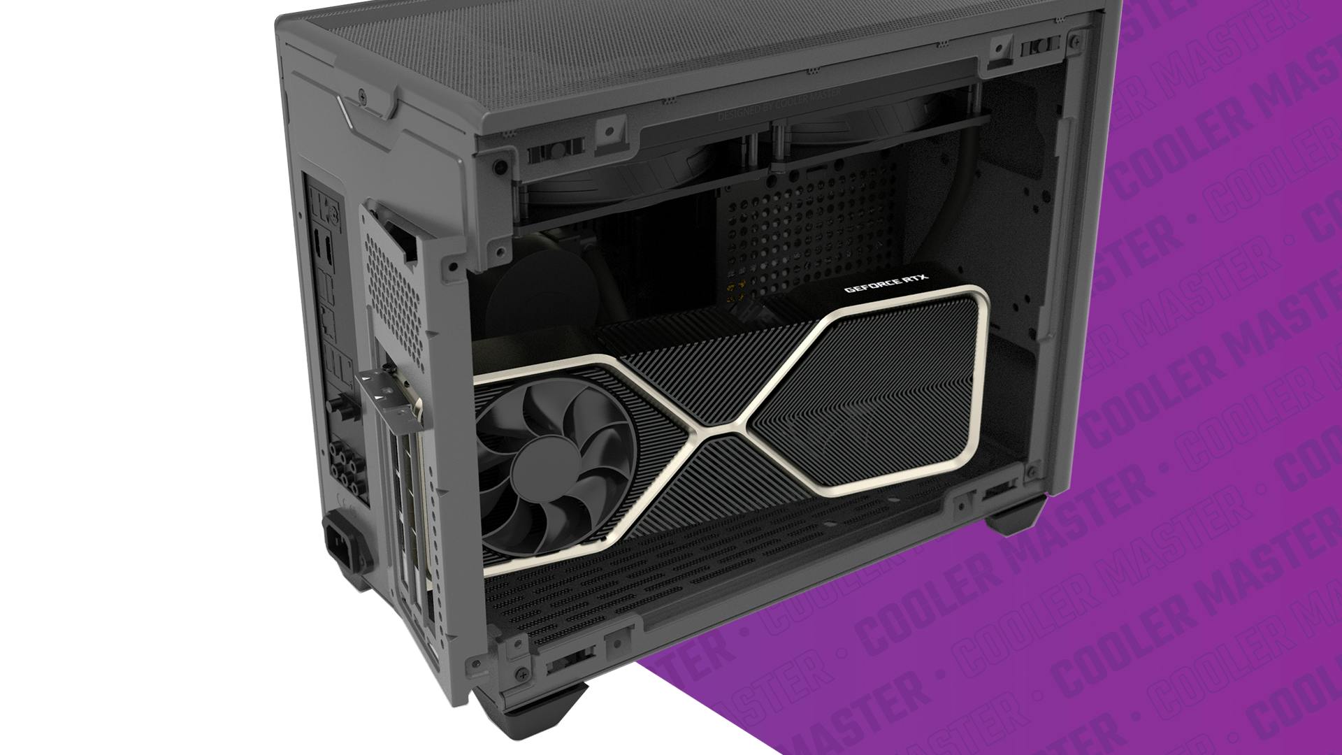 Productfoto van de Cooler Master NR200P Max, met verticale videokaarthouder en inbegrepen AIO-waterkoeling.