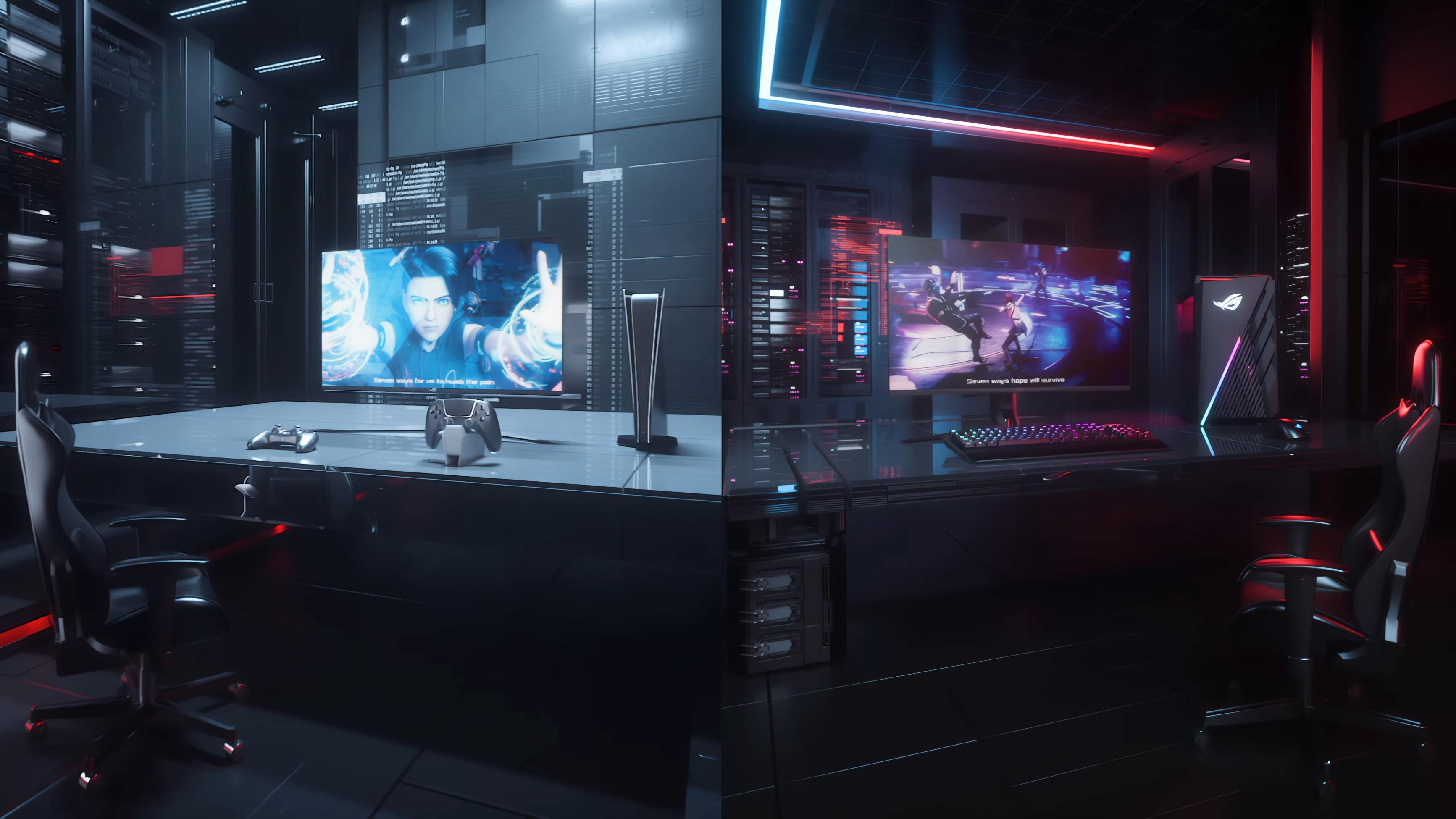 Marketingrender van een 4K-monitor van ASUS in gebruik voor zowel console- als pc-gaming.