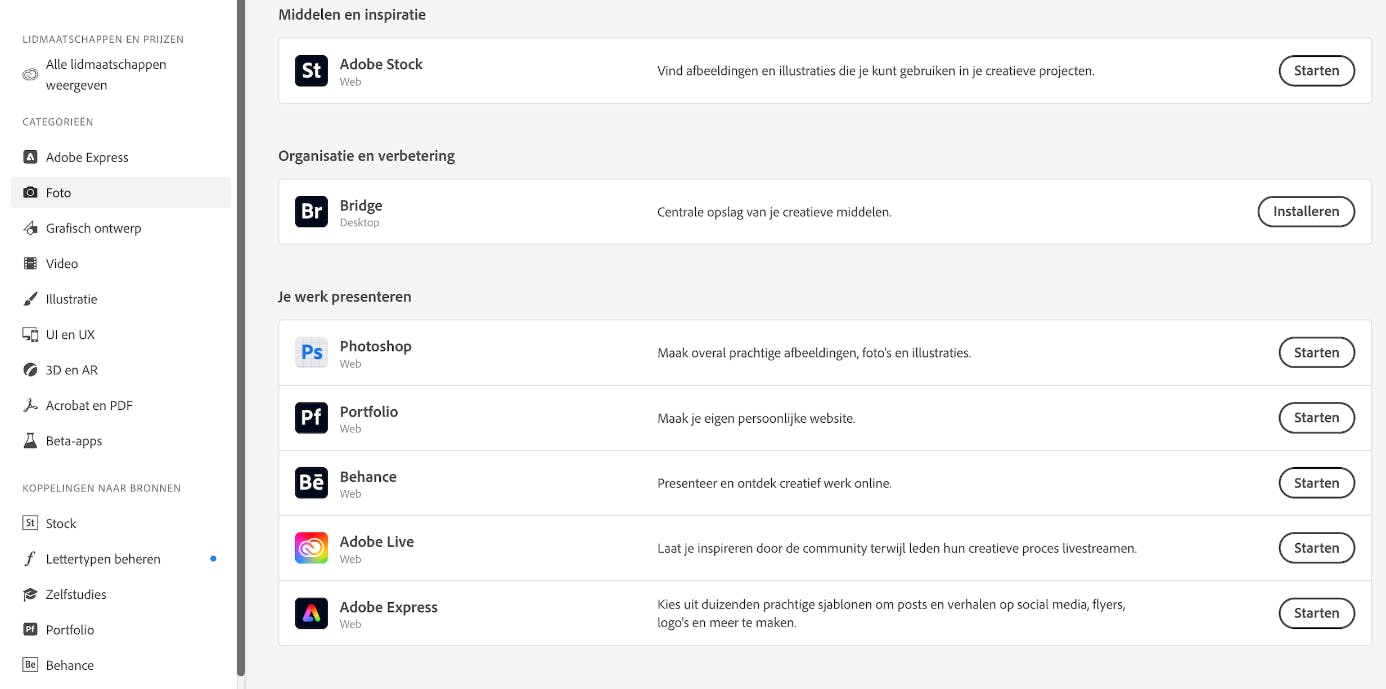 Photoshop Web vinden we onderin ons app-overzicht.