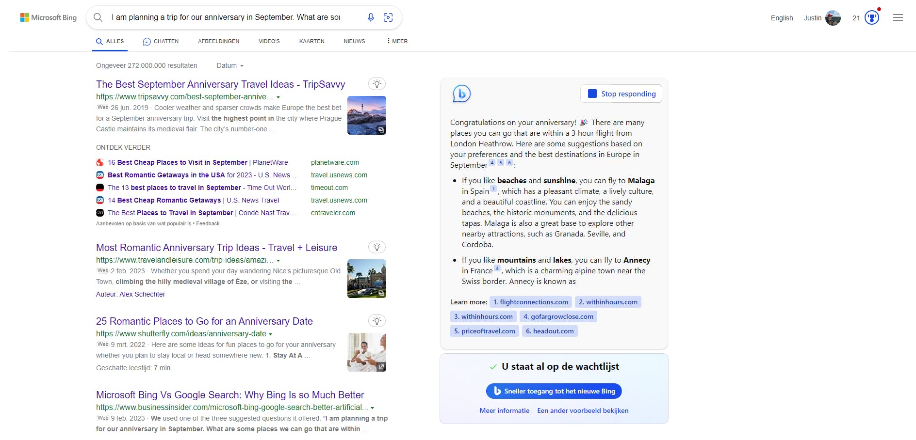 Je kunt Bing een uitgebreid reisplan laten maken. Voor alle afbeeldingen geldt: klik erop voor een grotere weergave.