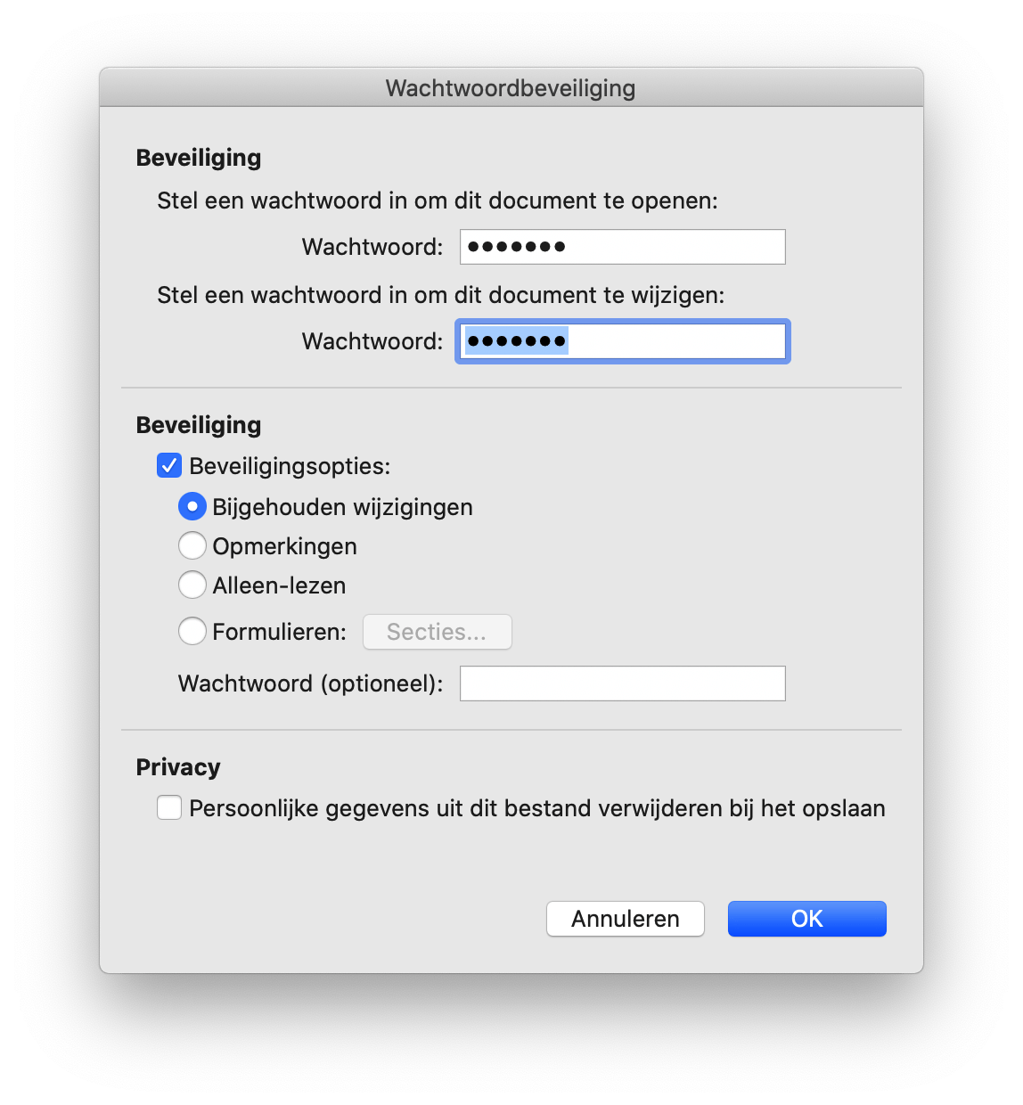 In macOS kun je het document beveiligen tegen lezen en tegen wijzigen.