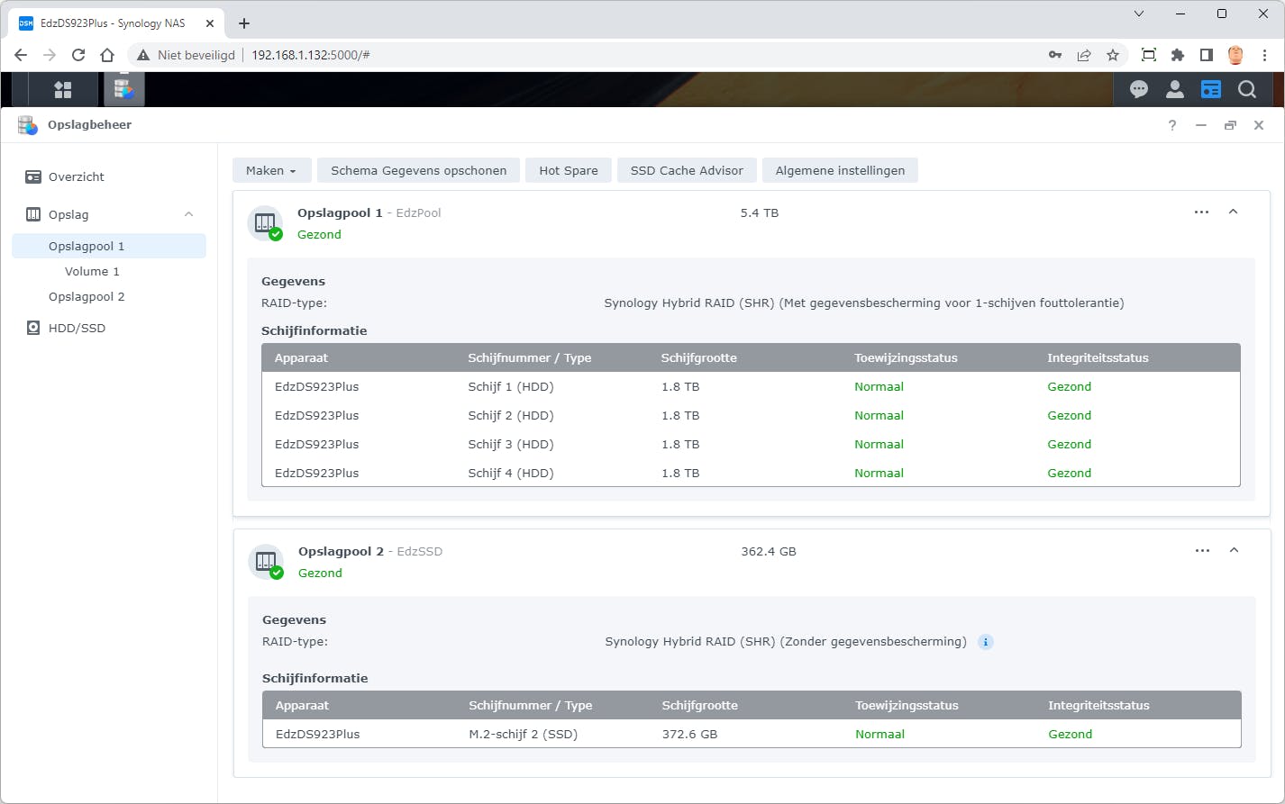 De DS923+ biedt de mogelijkheid tot 2 NVMe SSD's tot een eigen storagepool te maken.