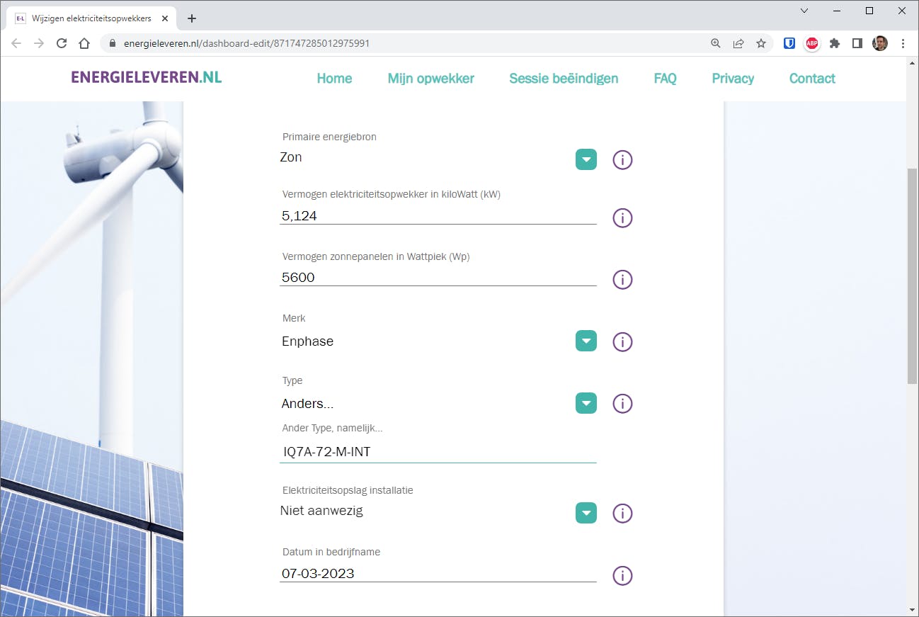 Invulformulier voor gegevens zonnepanelen en omvormer(s) op energieleveren.nl