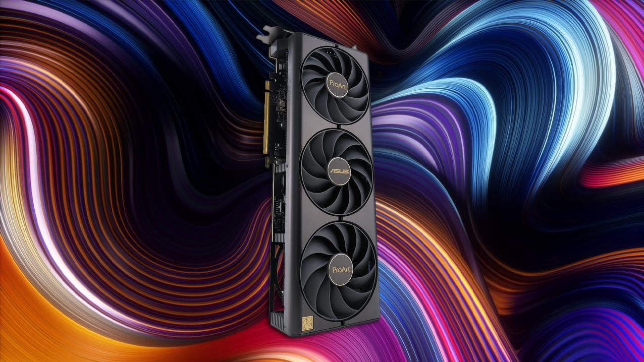Een ProArt RTX 40-videokaart van ASUS, rechtopstaand afgebeeld.