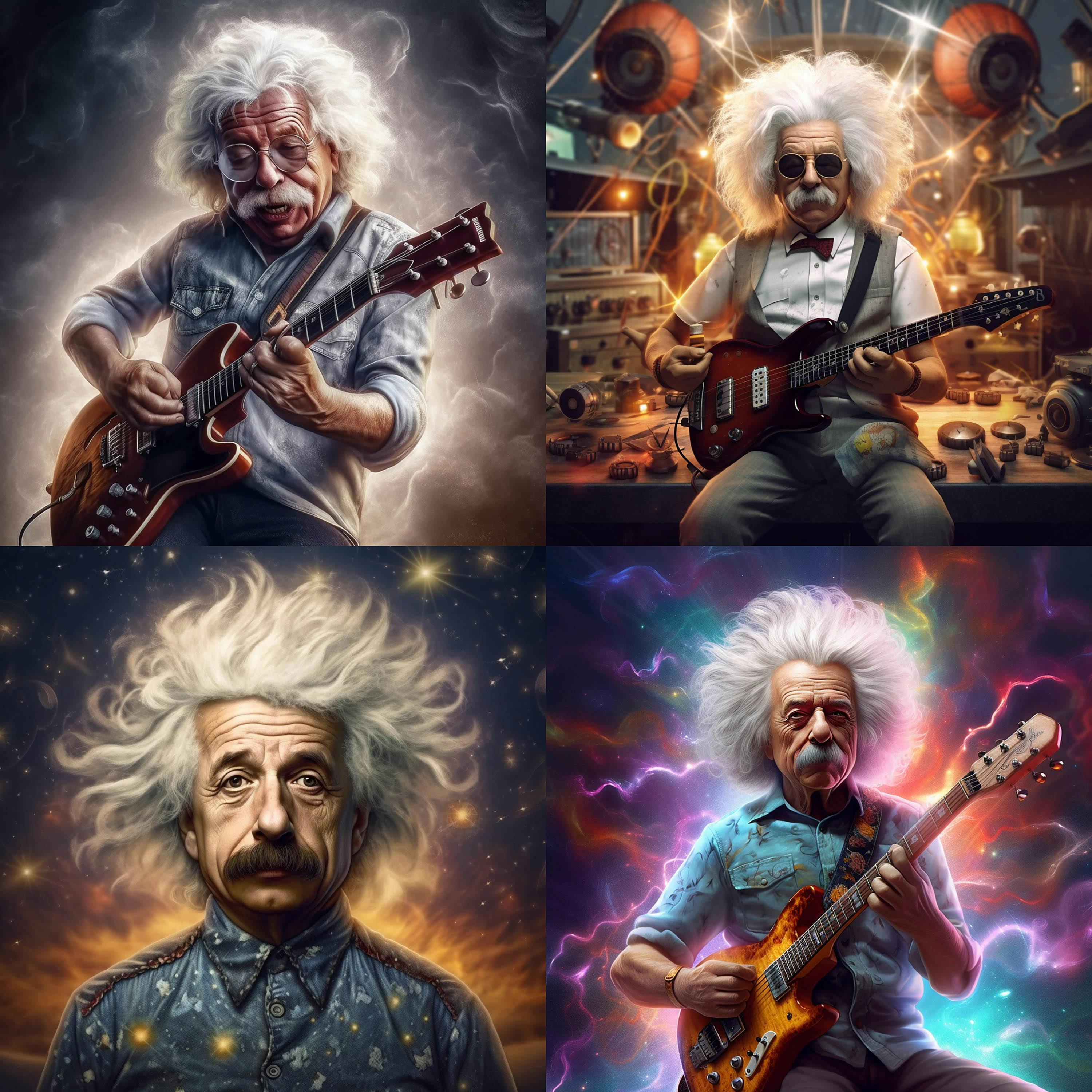 MidJourney geeft steeds vier resultaten van jouw opdracht weer, in dit geval een rockstar-versie van Albert Einstein.