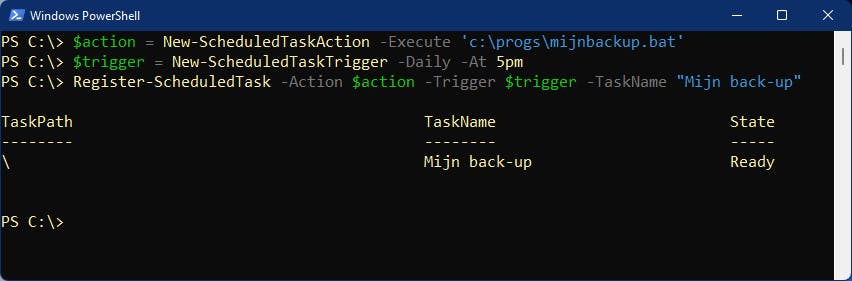 Je kunt ook taken inplannen vanuit PowerShell.