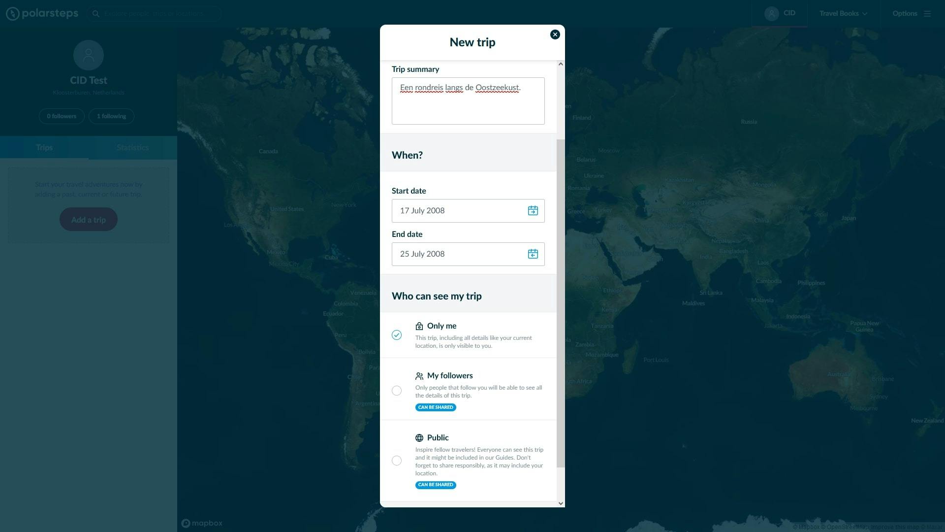 We voeren de nodige basisinformatie voor onze eerste reis in.